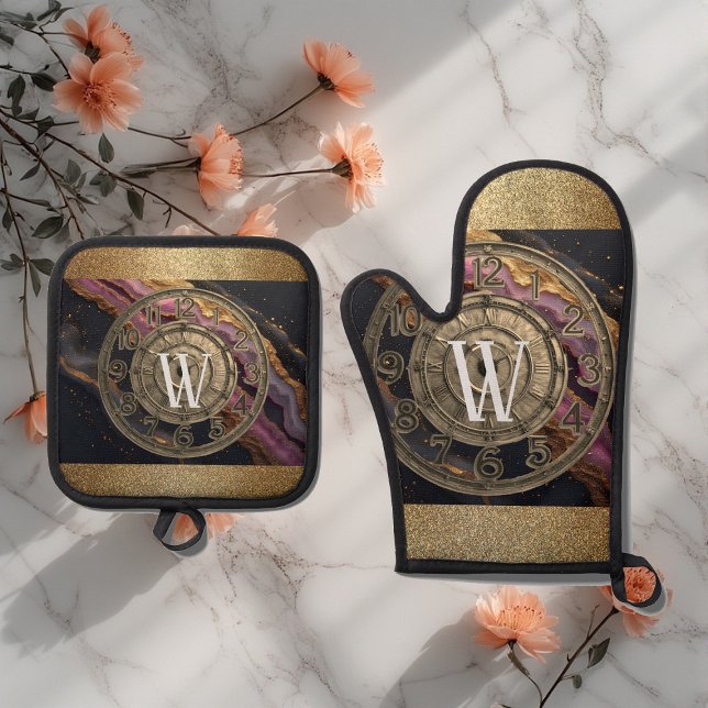 Personalisiertes Monogramm Achat Rosa Rustikales M Ofenhandschuh & Topflappen-Set (Personalized Monogram Agate Pink Rustic Metal Luxe Oven Mitt & Pot Holder Set)