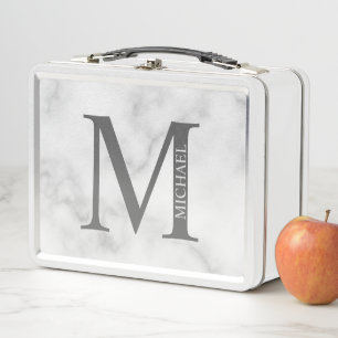 Personalisiertes Monogramm aus weißem Marmor und N Metall Brotdose