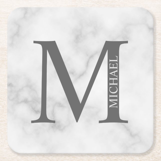 Personalisiertes Monogramm aus weißem Marmor und N Rechteckiger Pappuntersetzer (Vorderseite)