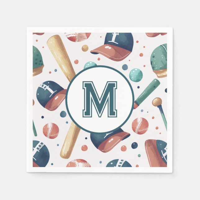 Personalisiertes Monogramm-Baseball-Themenmuster Serviette (Vorderseite)