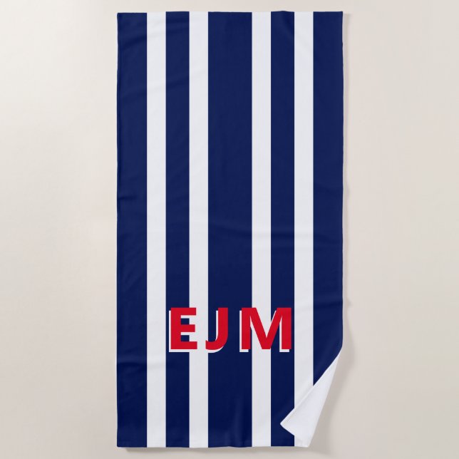 Personalisiertes Monogramm des Navy Blue Strips Strandtuch (Vorderseite)