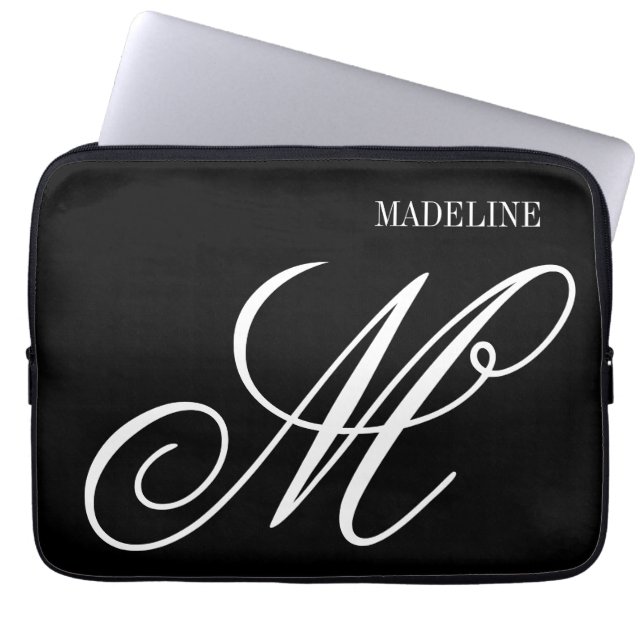 Personalisiertes Monogramm elegant schwarz und wei Laptopschutzhülle (Vorderseite)