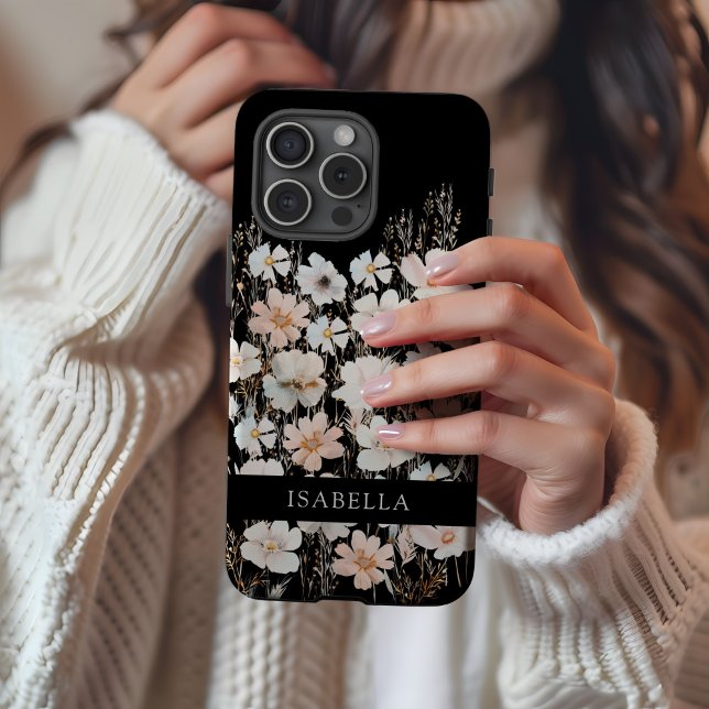 Personalisiertes Monogramm Floral Pattern Schwarz iPhone 16 Pro Max Hülle (Personalized Monogram Floral Pattern Black iPhone Case by MINTIC DESIGN STUDIO)