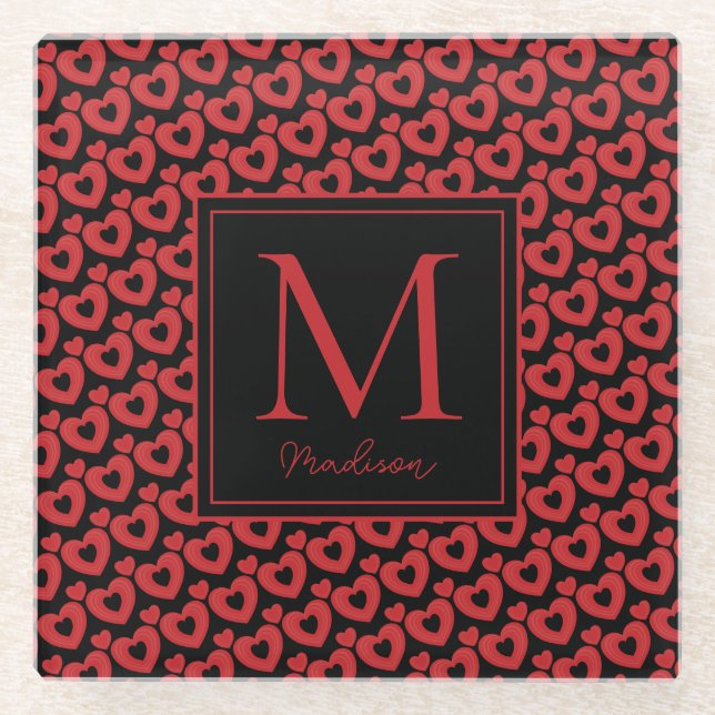 Personalisiertes Monogramm für rote und schwarze H Glasuntersetzer (Vorderseite)