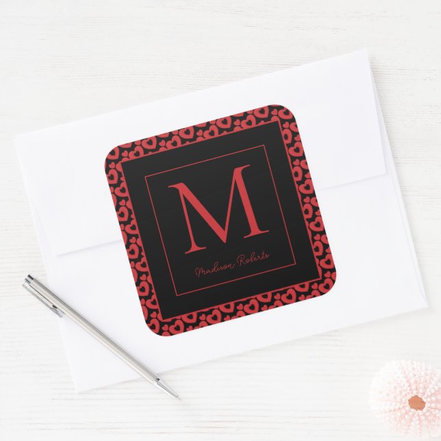 Personalisiertes Monogramm für rote und schwarze H Quadratischer Aufkleber (Umschlag)
