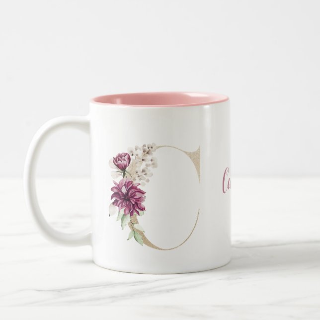 Personalisiertes Monogramm Gold Letter C Rosa Farb Zweifarbige Tasse (Links)