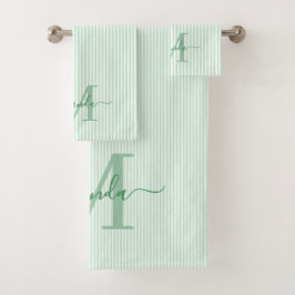 Personalisiertes Monogramm Grün & Weiß Streifen Badhandtuch Set