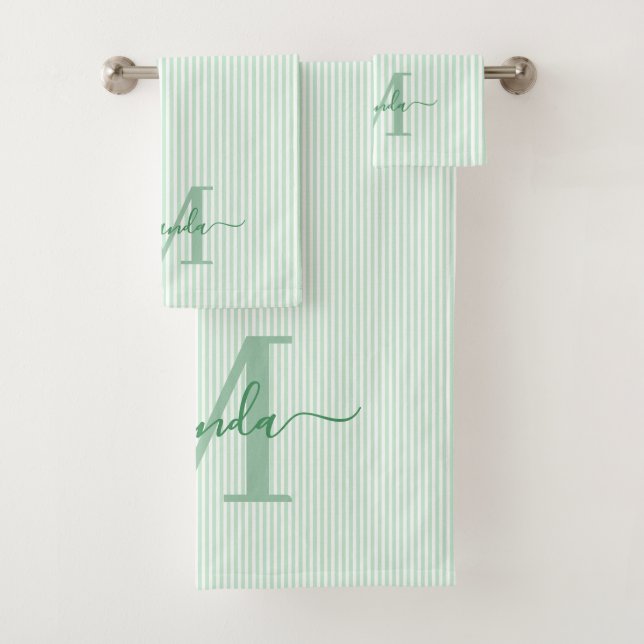 Personalisiertes Monogramm Grün & Weiße Streifen Badhandtuch Set (Insitu)