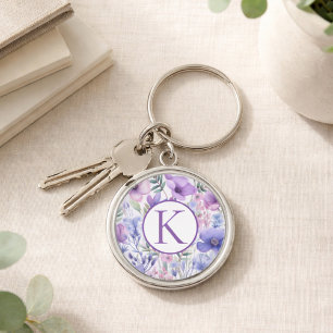 Personalisiertes Monogramm Lila Blumen Elegant Schlüsselanhänger