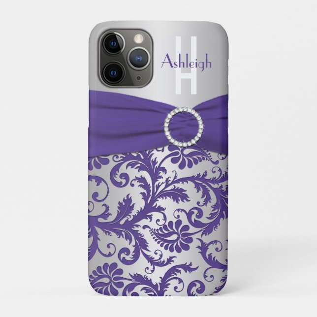 Personalisiertes Monogramm Lila und SilberDamast Case-Mate iPhone Hülle (Rückseite)