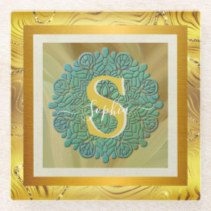 Personalisiertes Monogramm Mandala Gold und Blau Glasuntersetzer