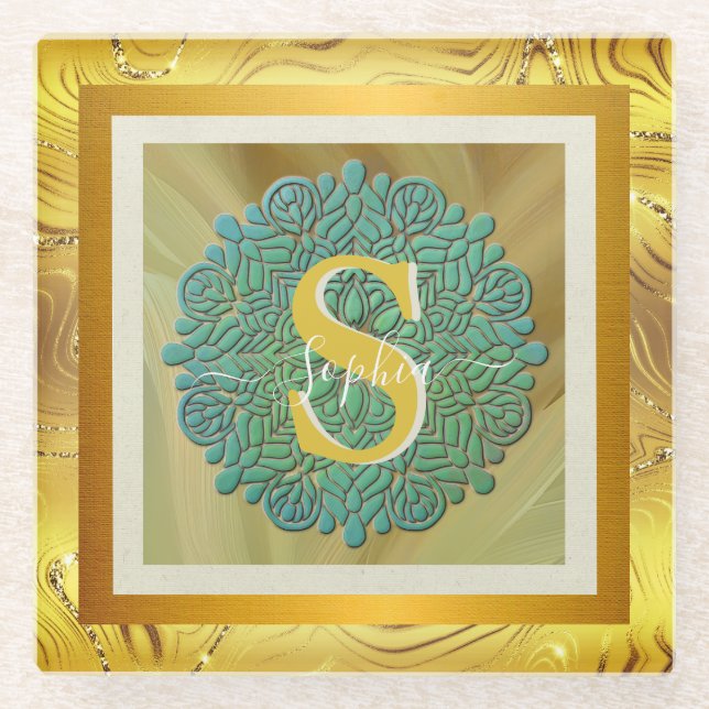 Personalisiertes Monogramm Mandala Gold und Blau Glasuntersetzer (Vorderseite)