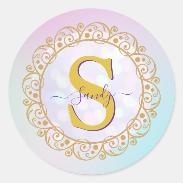 Personalisiertes Monogramm Mandala Gold und Blau Runder Aufkleber (Vorderseite)