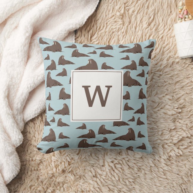 Personalisiertes Monogramm Niedliches Walrusmuster Kissen (Decke)