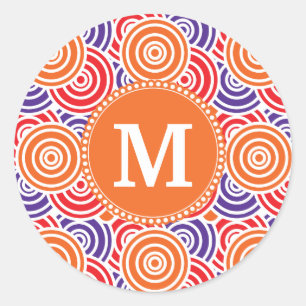 Personalisiertes Monogramm Orange Lila Schaltmuste Runder Aufkleber