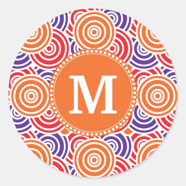 Personalisiertes Monogramm Orange Lila Schaltmuste Runder Aufkleber (Vorderseite)
