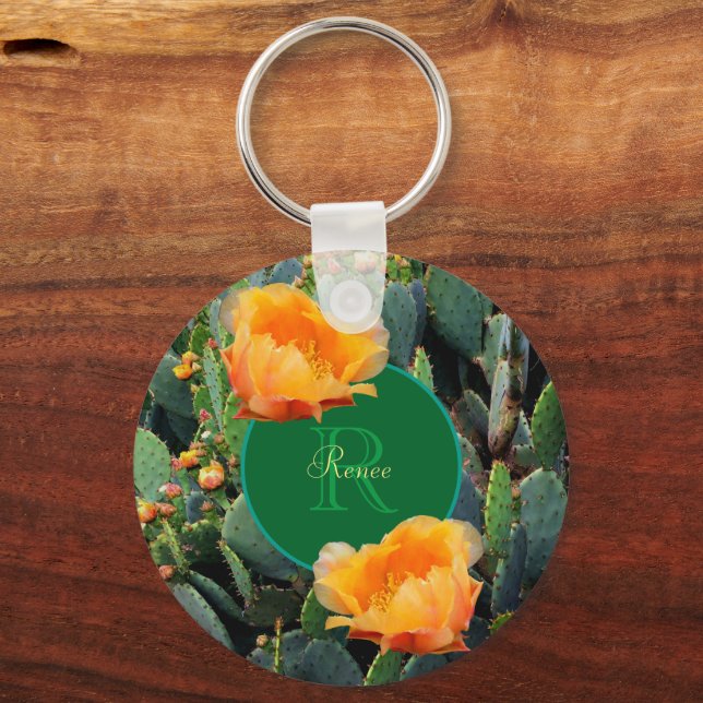 Personalisiertes Monogramm Orange Prickly Pear Cac Schlüsselanhänger (Vorderseite)