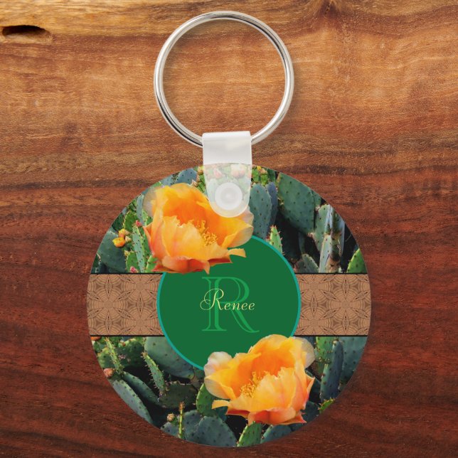 Personalisiertes Monogramm Orange Prickly Pear Cac Schlüsselanhänger (Vorderseite)