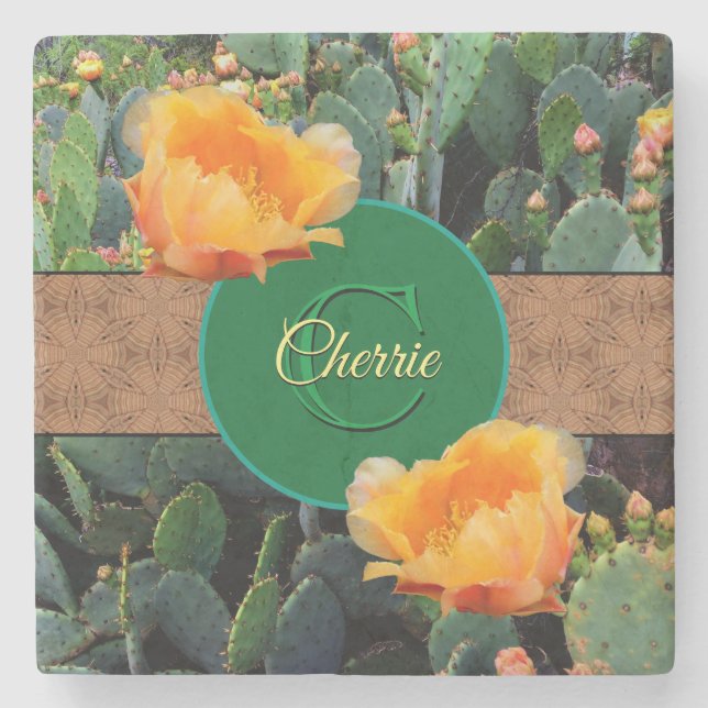 Personalisiertes Monogramm Orange Prickly Pear Cac Steinuntersetzer (Vorderseite)