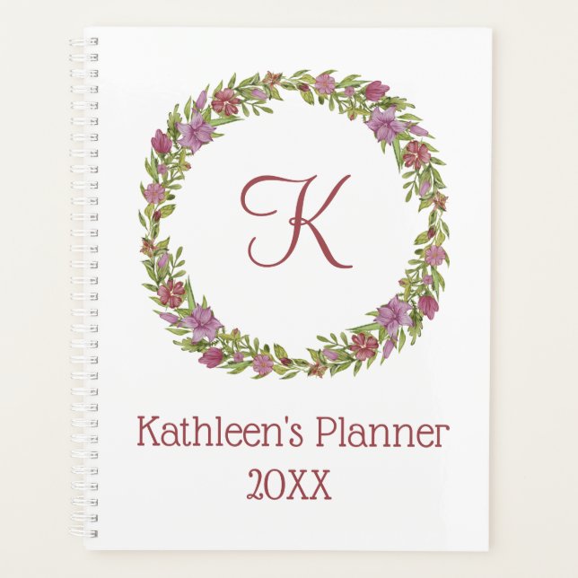 Personalisiertes Monogramm Rosa und grünes Blumenk Planer (Vorderseite)