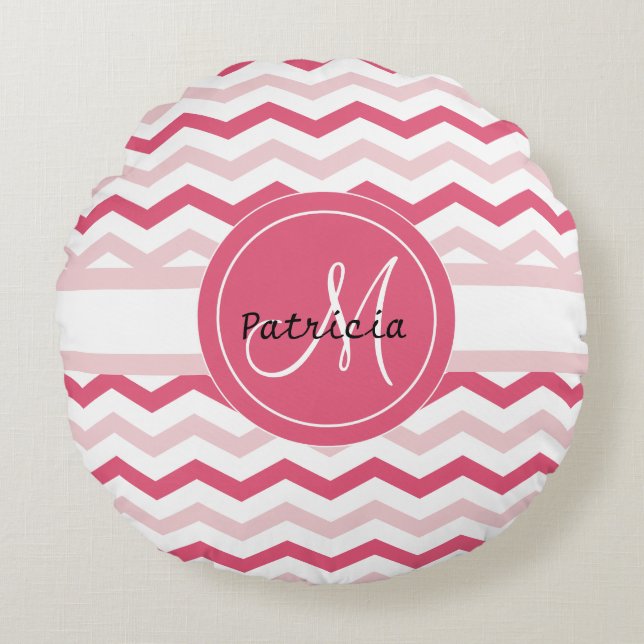 Personalisiertes Monogramm-Rosa-Zickzack Muster Rundes Kissen (Vorderseite)