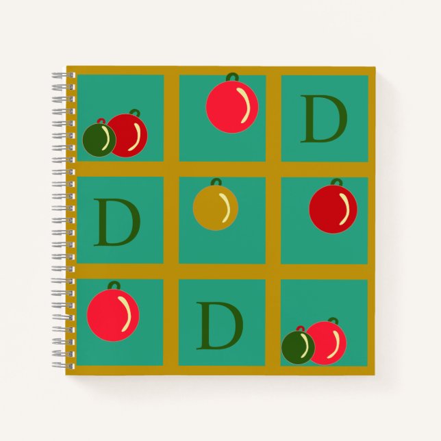 Personalisiertes Monogramm Rot Grün, Gold Ornament Notizbuch (Vorderseite)