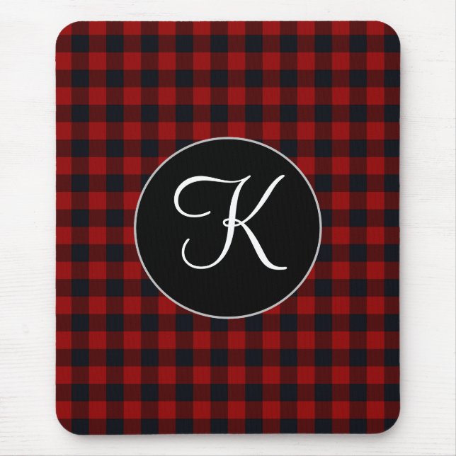 Personalisiertes Monogramm Rot und Schwarz Buffalo Mousepad (Vorne)