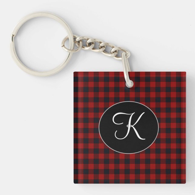 Personalisiertes Monogramm Rot und Schwarz Buffalo Schlüsselanhänger (Vorderseite)