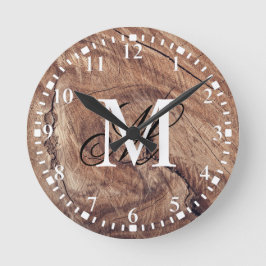 Personalisiertes Monogramm rustikales Holzkörndesi Runde Wanduhr