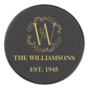 Personalisiertes Monogramm Schwarz & Gold Familien Eishockey Puck