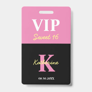 Personalisiertes Monogramm Schwarz Modern Sweet 16 Ausweis