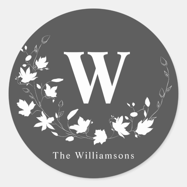 Personalisiertes Monogramm Schwarz-weißes Blumenkr Runder Aufkleber (Vorderseite)