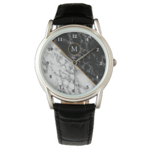 Personalisiertes Monogramm Schwarz-weißes Marmor ü Armbanduhr
