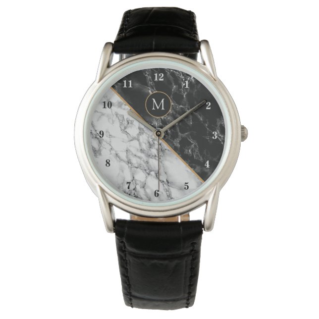 Personalisiertes Monogramm Schwarz-weißes Marmor ü Armbanduhr (Vorderseite)