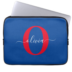 Personalisiertes Monogramm-Skript Name Blau Weiß R Laptopschutzhülle