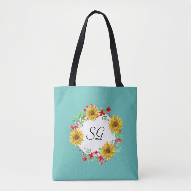 Personalisiertes Monogramm Sonnenblumen Shopping Tasche (Vorderseite)