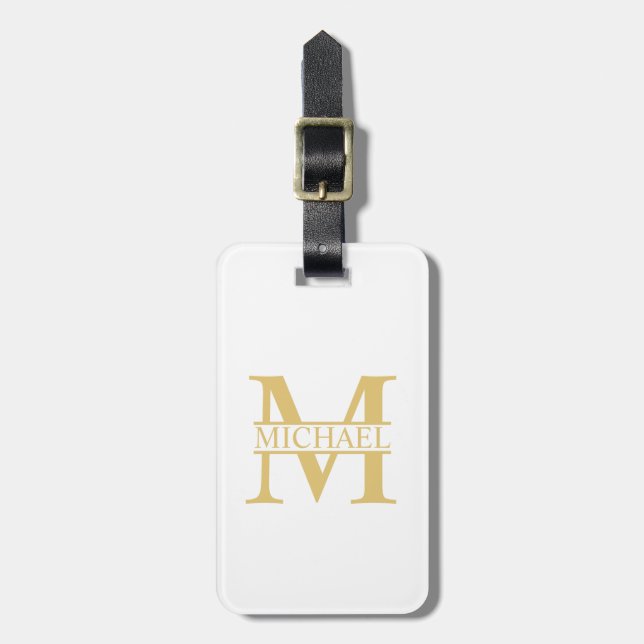 Personalisiertes Monogramm und Name aus Weiß und G Gepäckanhänger (Vorderseite vertikal)