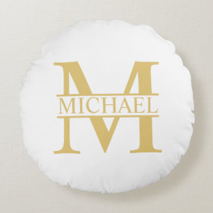 Personalisiertes Monogramm und Name aus Weiß und  Rundes Kissen