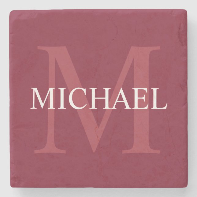 Personalisiertes Monogramm und Name Burgund Red Steinuntersetzer (Vorderseite)