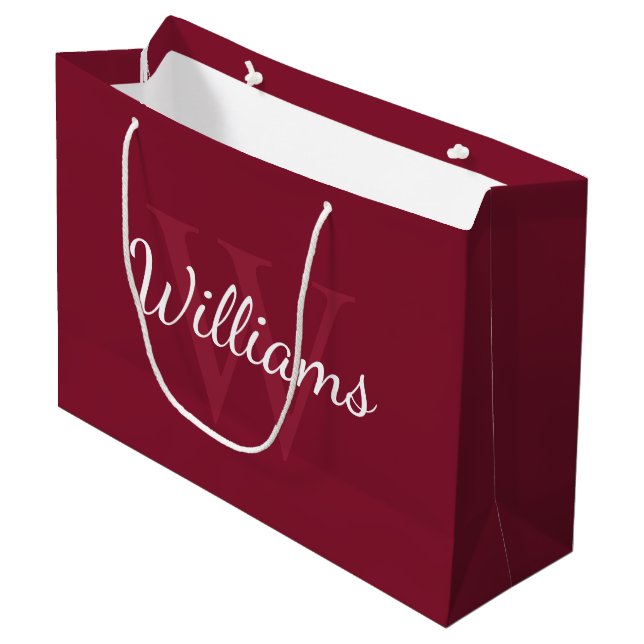 Personalisiertes Monogramm und Name Burgundy Red Große Geschenktüte (Vorderseite Schrägansicht)