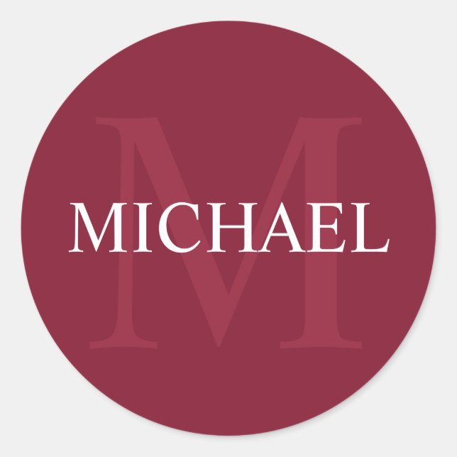 Personalisiertes Monogramm und Name Burgundy Red Runder Aufkleber (Vorderseite)
