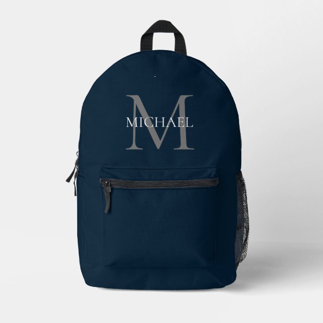 Personalisiertes Monogramm und Name Navy Blue Bedruckter Rucksack (Vorderseite)