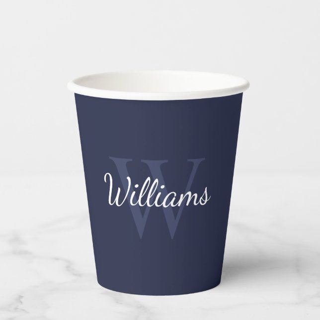 Personalisiertes Monogramm und Name Navy Blue Pappbecher (Vorderseite)
