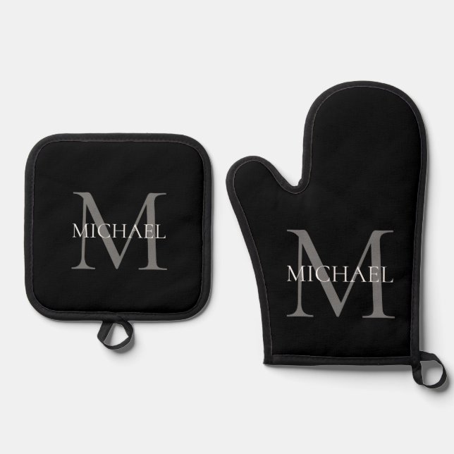 Personalisiertes Monogramm und Name Schwarz Ofenhandschuh & Topflappen-Set (Vorderseite)