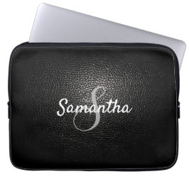 Personalisiertes Monogramm und Name schwarzes Lede Laptopschutzhülle