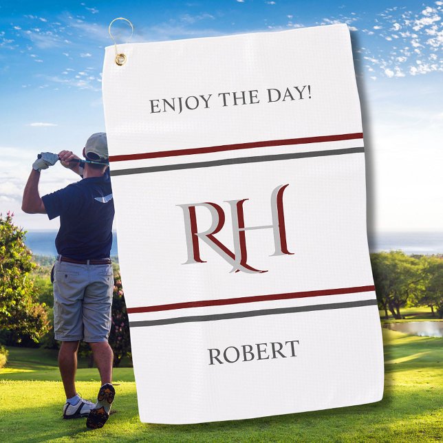 Personalisiertes Monogramm und Name Weißes Graues  Golfhandtuch (Von Creator hochgeladen)