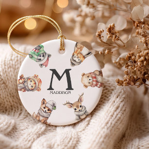 Personalisiertes Monogramm Wintertiere Weihnachten Keramik Ornament
