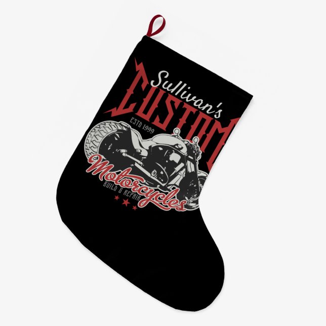Personalisiertes Motorrad Big Bad Biker Garage Großer Weihnachtsstrumpf (Vorderansicht (hängend))