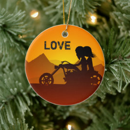 Personalisiertes Motorradpaar bei Sonnenuntergang Keramikornament