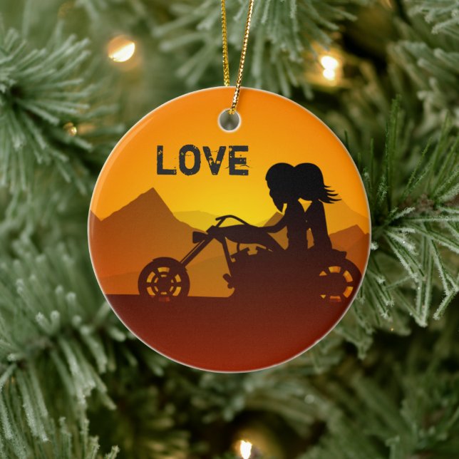 Personalisiertes Motorradpaar bei Sonnenuntergang  Keramikornament (Baum)